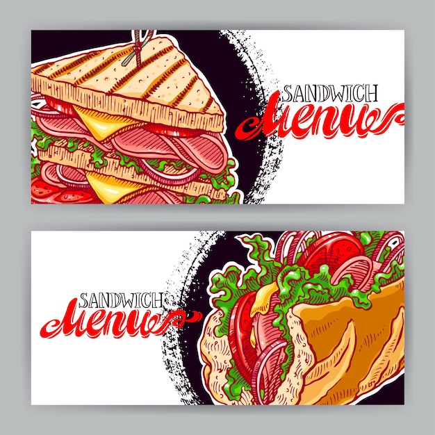 Vector two horizontal banners with delicious sandwiches. hand-drawn illustration