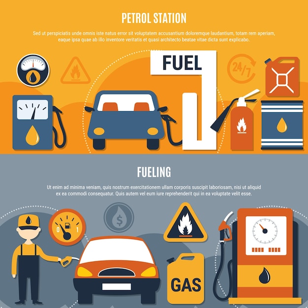 Vector two horizontal fuel pump banner set with petrol station and fueling descriptions