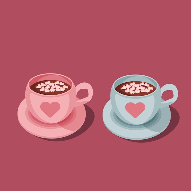 Vettore due tazze di cioccolata calda con marshmallow blu e rosa tazze di cacao con ornamento cuore rosa illustrazioni vettoriali per biglietti d'auguri amore elementi di design isolati