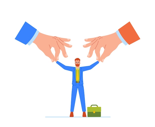 Two Huge Hands Are Pulling An Employee In Opposite Directions Symbolizing Difficult Decision Or Conflicting Priorities
