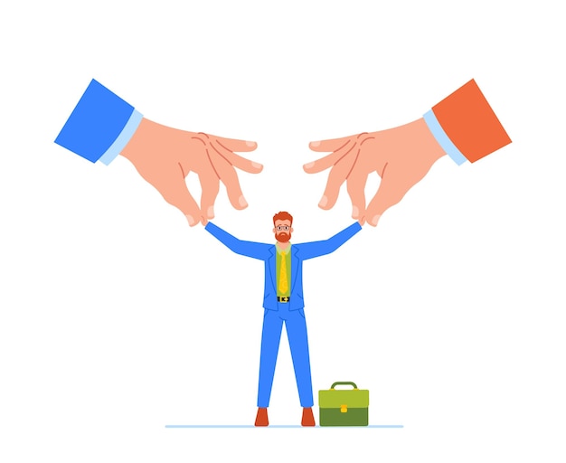 Vector two huge hands are pulling an employee in opposite directions symbolizing difficult decision or conflicting priorities