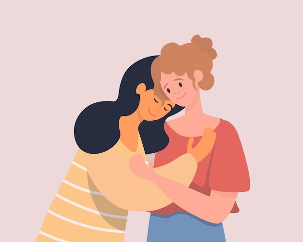 Two hugging women flat illustration happy young female characters