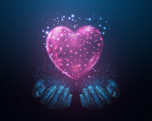 Two human hands are holds heart Wireframe glowing low poly heart Design on dark blue background Abstract futuristic vector illustration