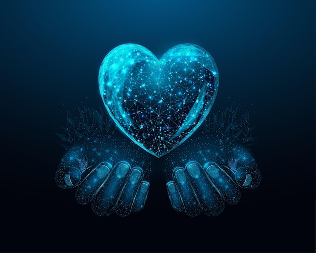 Two human hands are holds heart Wireframe glowing low poly heart Design on dark blue background Abstract futuristic vector illustration