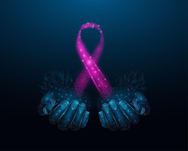 Two human hands are holds pink ribbon awareness breast cancer awareness month concept abstract vector illustration on dark blue background