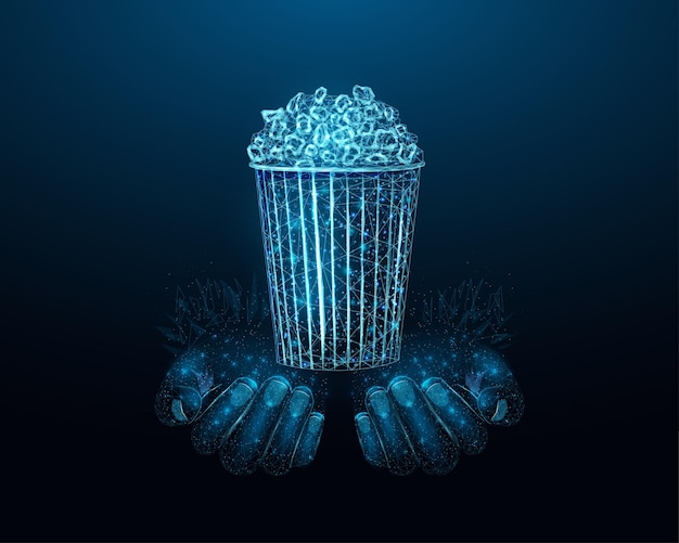 Due mani umane tengono il pop corn wireframe incandescente low poly pop corn design su sfondo blu scuro illustrazione vettoriale futuristica astratta