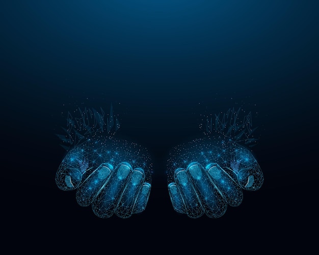 two human hands wireframe glowing low poly hands design on dark blue background abstract futuristic vector illustration
