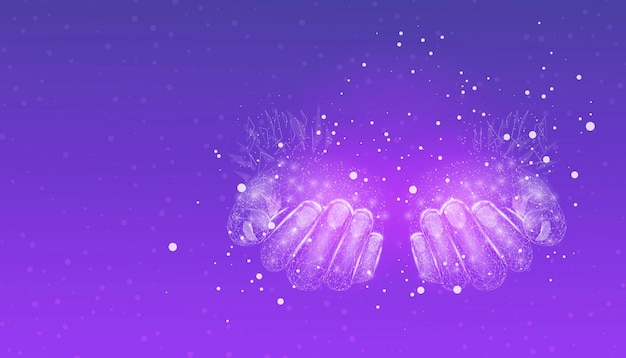 Two human hands Wireframe glowing low poly hands Design on purple background Abstract futuristic vector illustration