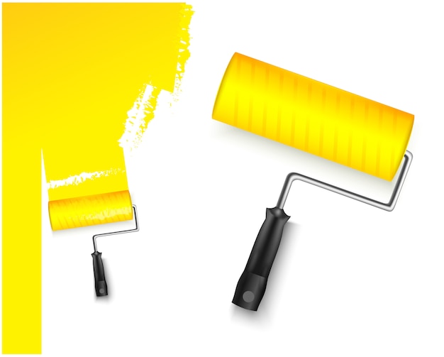 Two  illustration  with paint roller big and small and painted marking yellow color isolated on white background