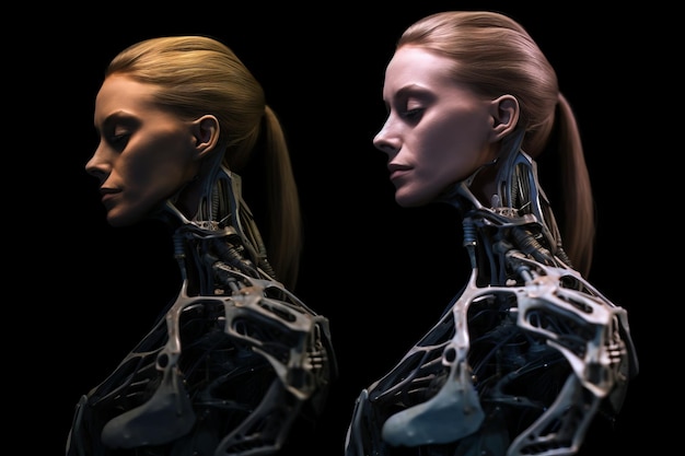 Two images of a woman and a robot