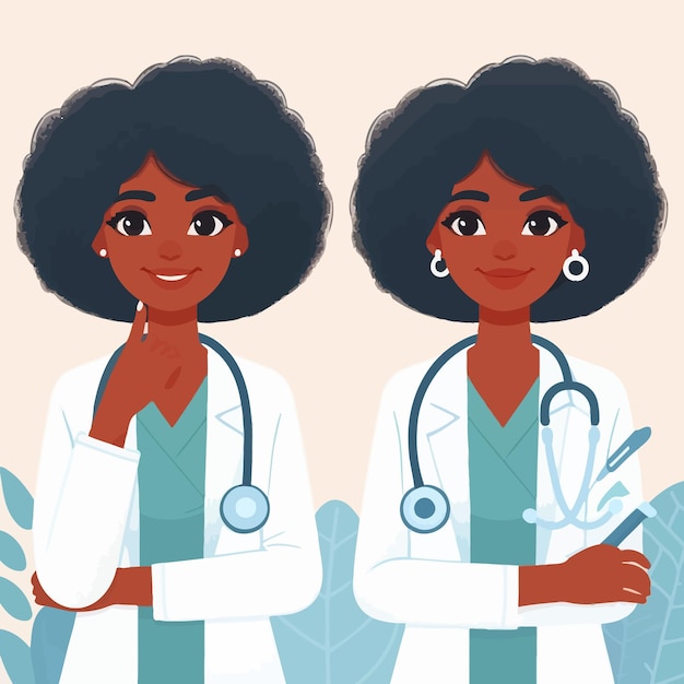 Vector two images of a woman with a stethoscope on their neck