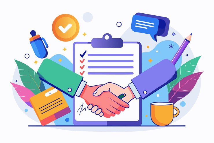 Vector two individuals engage in a handshake over a clipboard symbolizing partnership and agreement in business business contract cooperation simple and minimalist flat vector illustration