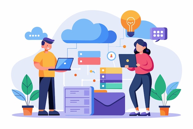two individuals standing next to each other both focused on their laptops two people with cloud storage simple and minimalist flat vector illustration