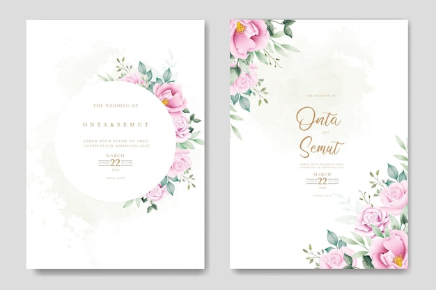 ピンクの花と水彩画の背景を持つ 2 枚の招待状