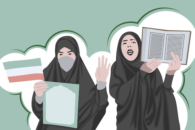 Two Iranian Muslim women in hijab protest showing open Koran and holding Iranian flag