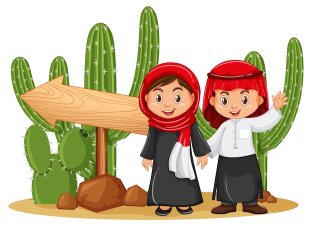 Vector two islamic kids by the wooden sign