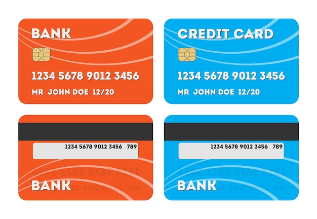 Вектор Две изолированные кредитные карты. красные и синие кредитные или дебетовые пластиковые карты на белом фоне. две стороны карты. покупки с помощью кредитной карты.