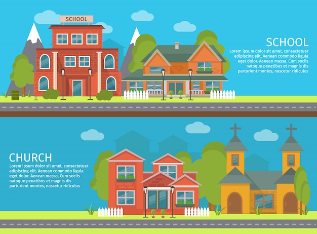 2つの孤立した水平建物学校教会バナーセットの説明と風景