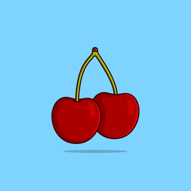 Две сочные красные вишни изолированы на голубом фоне. концепция здорового питания.