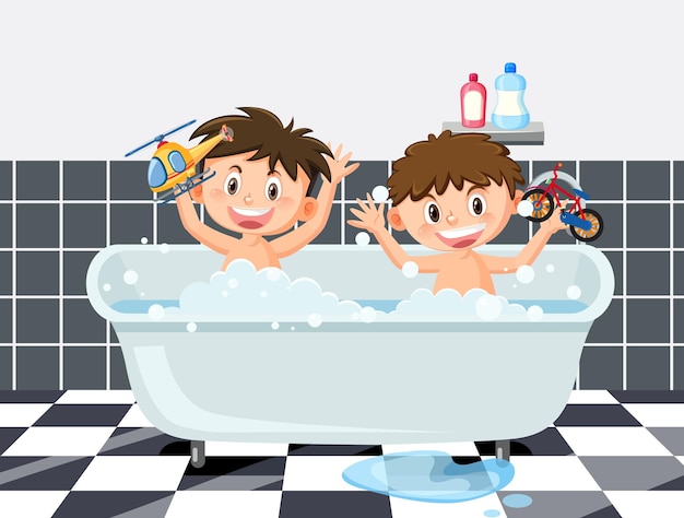 Due bambini nella vasca da bagno in stile cartone animato