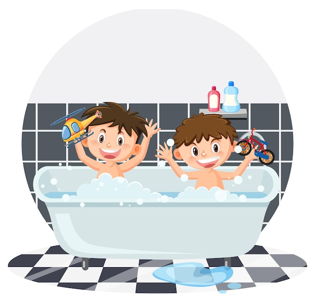 Two kids in bathtub in cartoon style