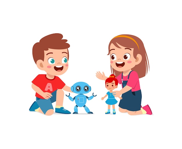 Two kids boy and girl play robot and doll together