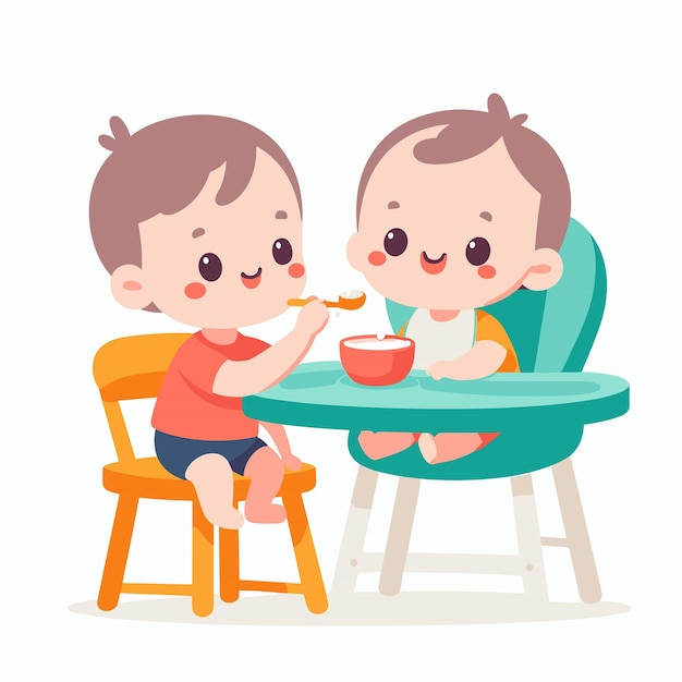 Vector two kids feeding each other vector illustrations on white background