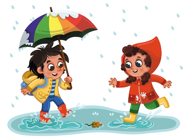 Due bambini che si divertono sotto la pioggia illustrazione vettoriale