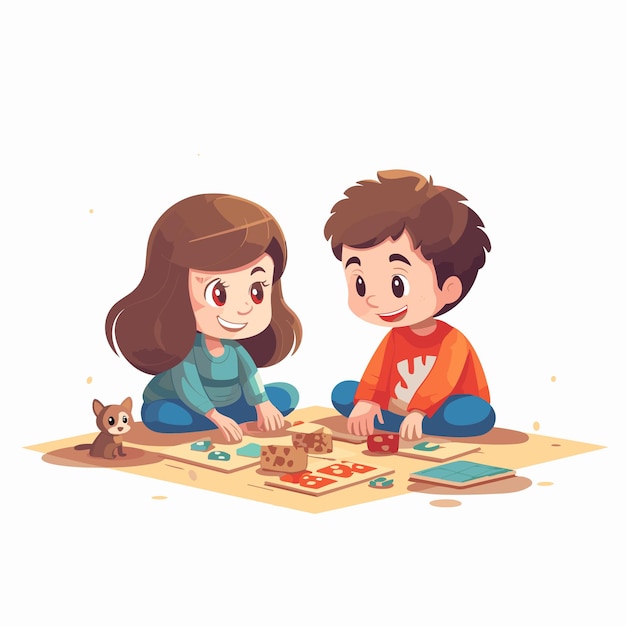 Vector two kids having a great time while playing a board game vector illustration