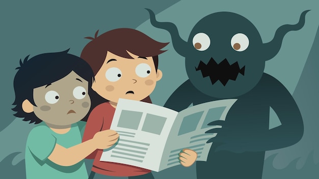 Two kids huddle together in fear as they spot a monster with a newspaper body its arms menacingly