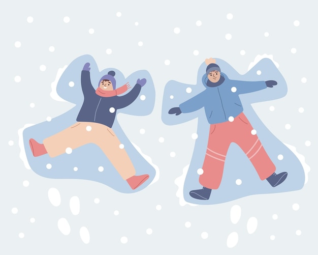 Due bambini che fanno angeli della neve attività di divertimento invernale amici che giocano all'esterno illustrazione vettoriale piatta