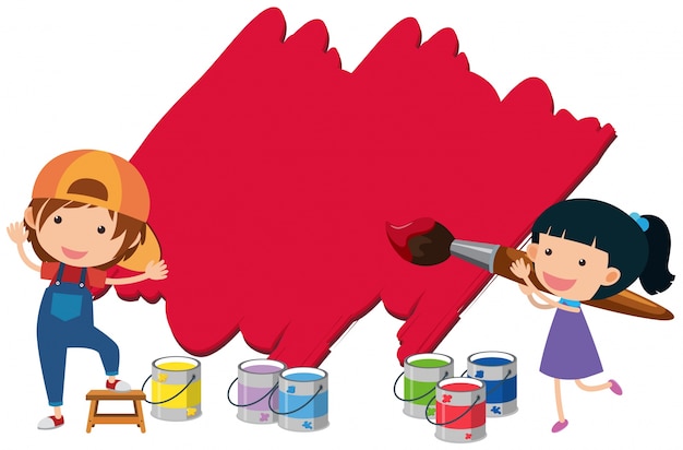 Vector two kids painting wall with red color