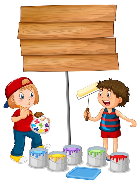 木製の看板を描く2人の子供