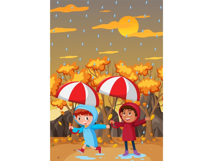 वेक्टर two kids playing outside in the rain with umbrellas in autumn