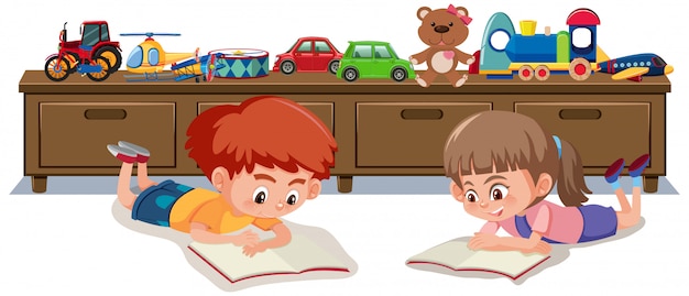 Two kids reading book in children room