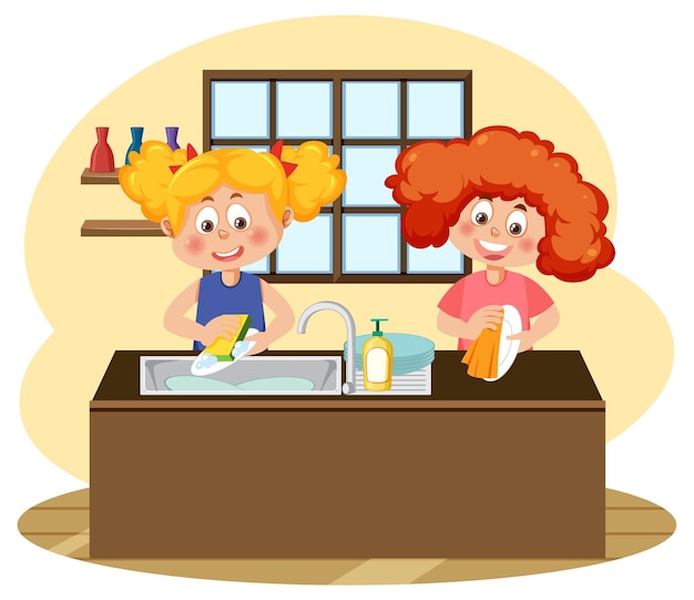 Two kids washing dishes together