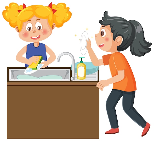 Vector two kids washing dishes together