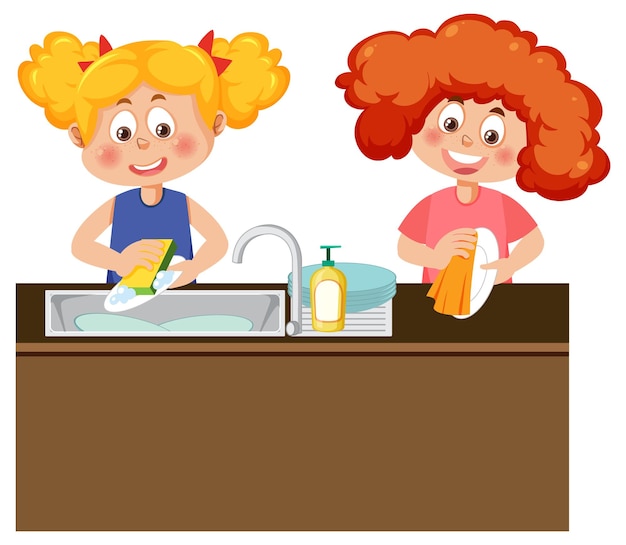 Vector two kids washing dishes together