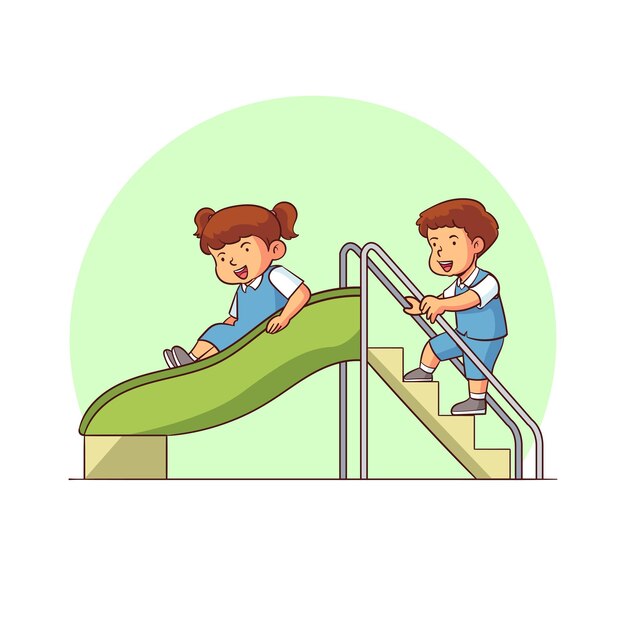 Vector two kindergartners playing on a slide