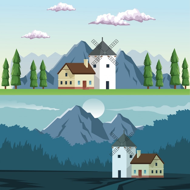 Two landscapes in daytime and night of field and mountains and house with windmill