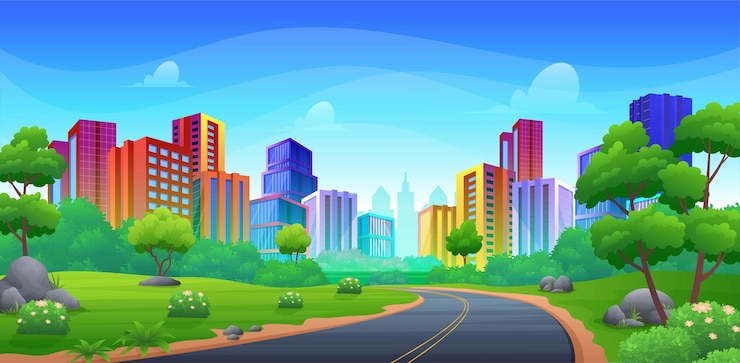 Vector two lane asphalted highway to city with colorful skyscraper buildings and green hill, bush and trees