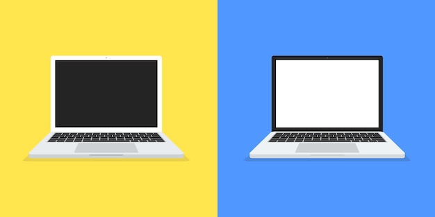 色の背景にフラットなデザインスタイルの2つのラップトップ。上面図。コンピューターのモックアップ。ベクター。