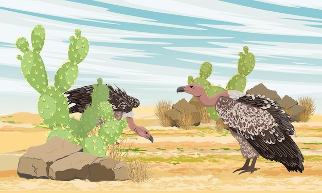 Two large vultures in the desert with prickly pear cacti and stones. Wild carrion birds