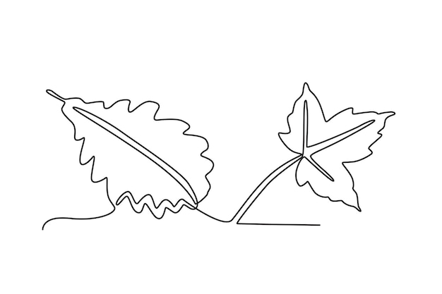 Two leaves fall on the ground Autumn oneline drawing