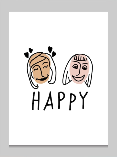 Vector two lesbian couple young girls face with emotions of love doodle card hand drawn vector illustration