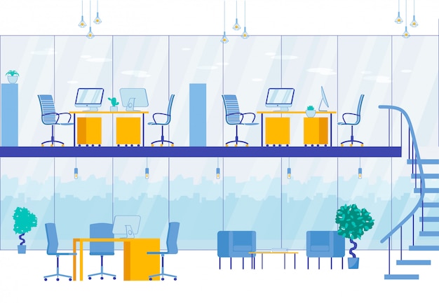 Vettore centro di affari moderno interno dell'ufficio a due livelli