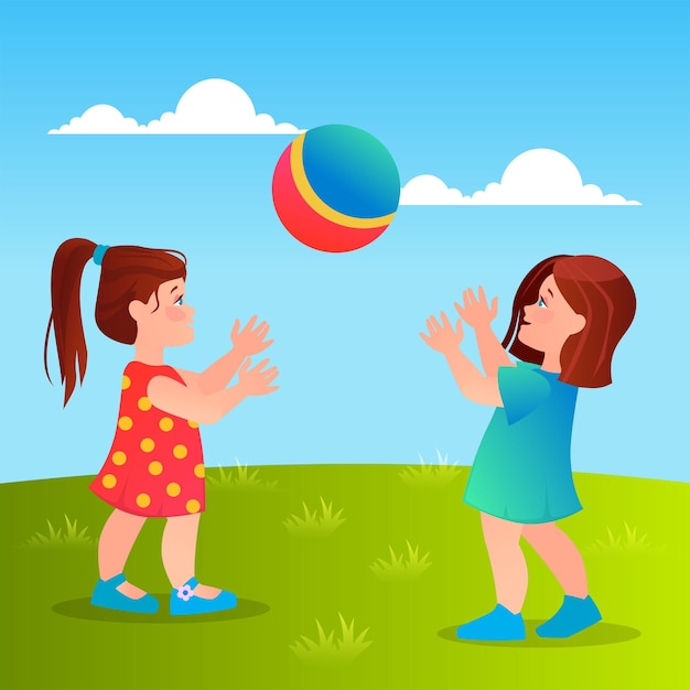 Two little cute girls play with a ball Kids playing outdoors cartoon character Children have fun