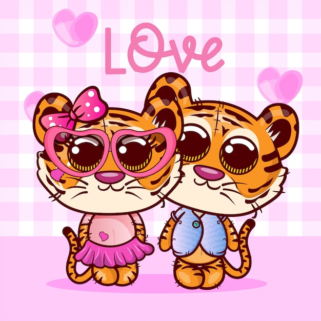 Two little cute tigers cartoon with heart. vector