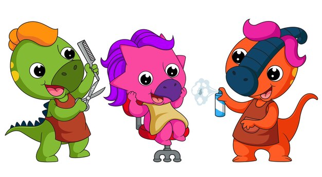 Vector two little dinosaur cartoon professional hairdresser