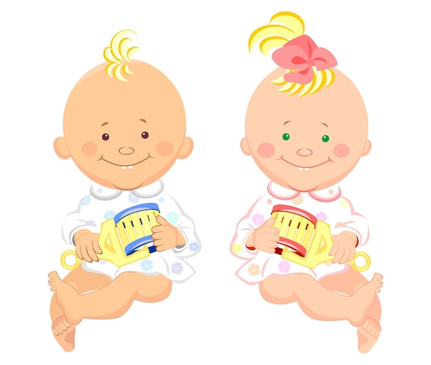 Vector two little kids with a rattle in their hands are sitting and smiling